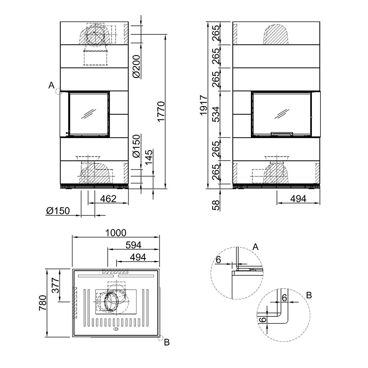 Kaminbausatz wasserführend Spartherm SIM Varia 2Rh H2O 13,3 kW - Ausführung: 2/3 Beton Fino - Feuerraumauskleidung: elfenbein
