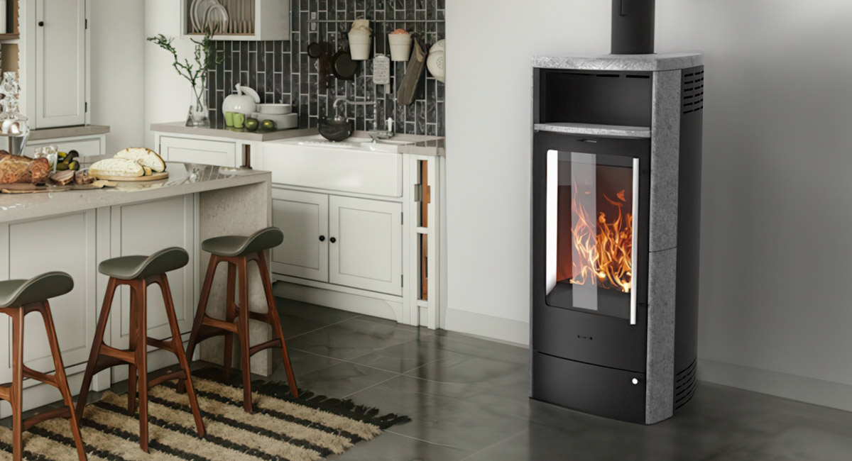 Montagebeispiel Dauerbrandofen Fireplace Torino Speckstein Montagebeispiel