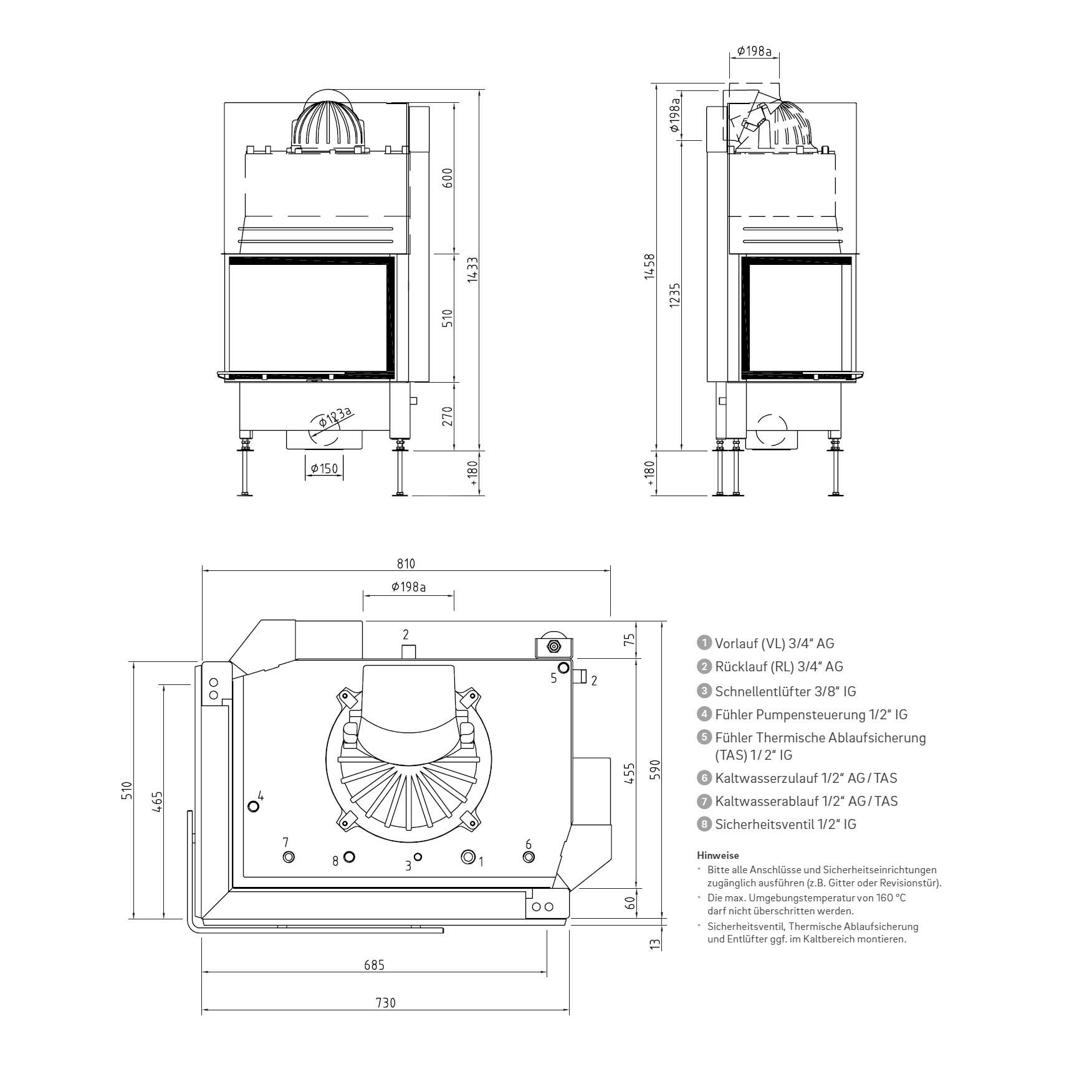Eck-Kamineinsatz wasserführend Schmid Ekko W L 67(45)51 h mit 14,9 kW - Brennraumauskleidung: weiß - modulares Blendrahmensystem: nein