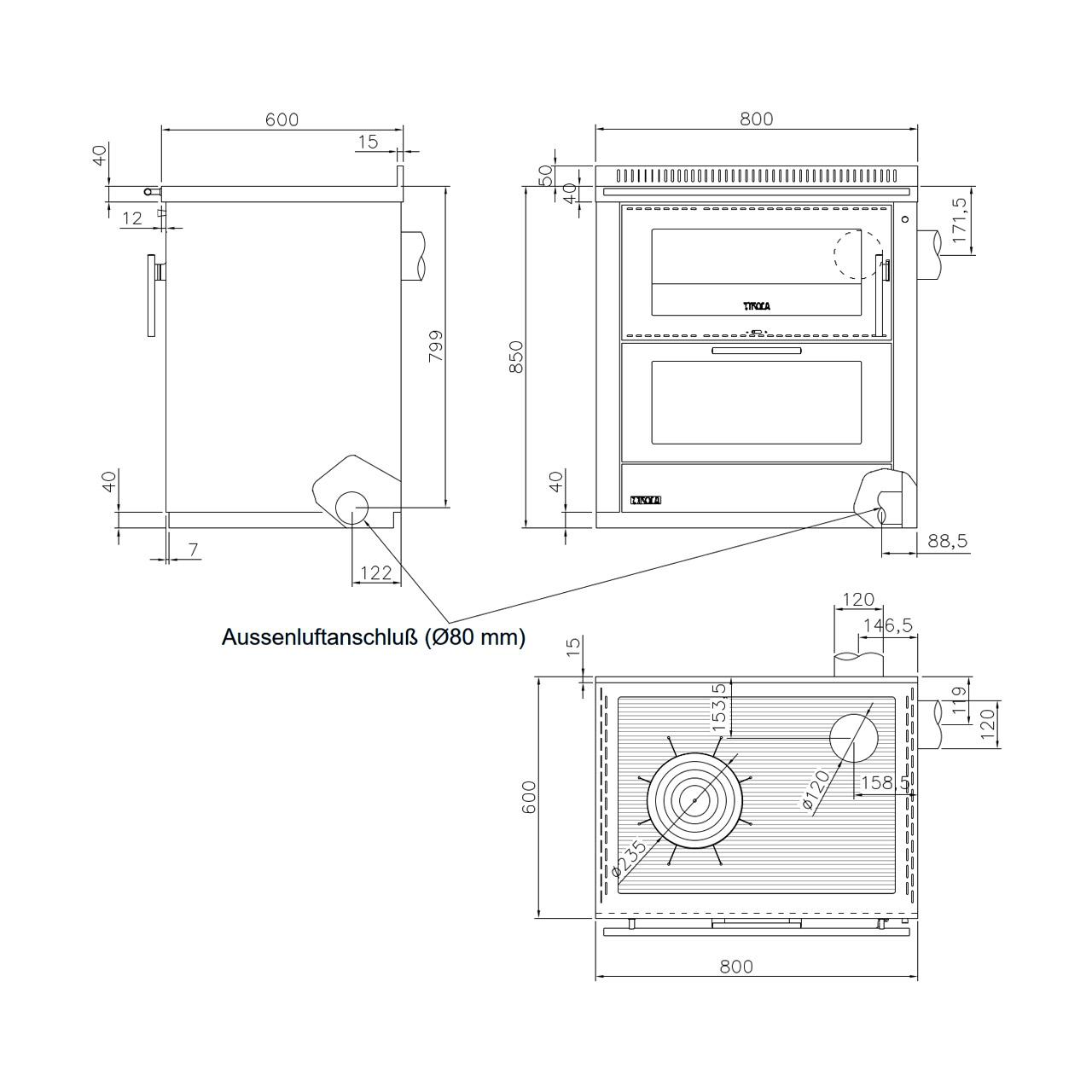 Holzherd Tyrola TR_F 80D, 7 kW & Sockel H40 mm - Ausführung: Edelstahl