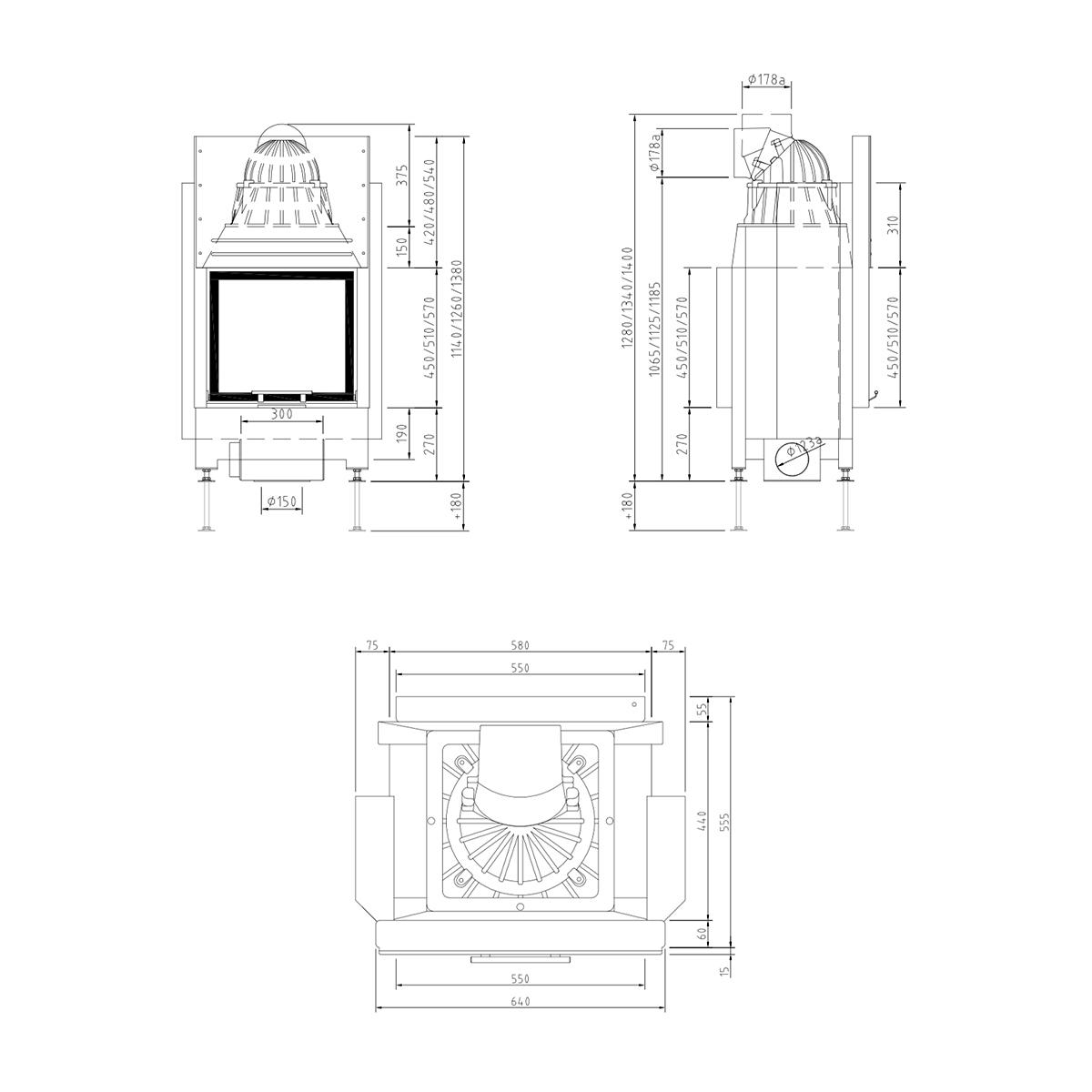 Tunnel-Kamineinsatz Schmid Lina TV 55 h/s mit 7 kW - Türhöhe: 51 cm - Brennraumauskleidung: Schamotte Weiß - modulares Blendrahmensystem: nein