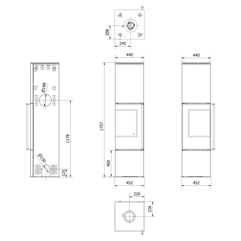 Kaminofen Kratki REN 7 kW  Größe L - Ausführung: Feuerraumauskleidung Schwarz - Version: Ecke links - Selbstschließung: mit Türfeder