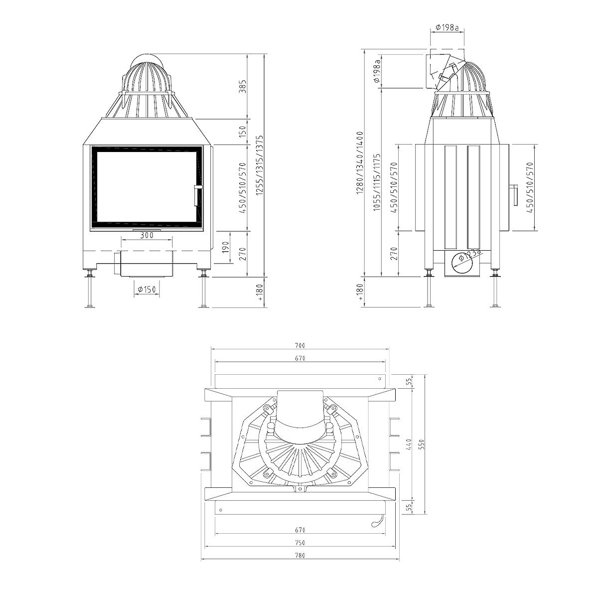 Tunnel-Kamineinsatz Schmid Lina TV 67 s/s mit 9 kW - Türanschlag: links - Türhöhe: 45 cm - Brennraumauskleidung: Schamotte Weiß