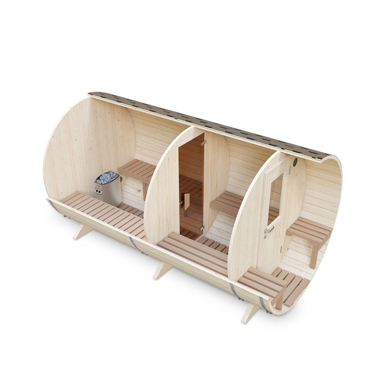 Gartensauna Ofen.de S4PV Saunafass 4 m mit Vorraum und Sitzen außen - Ausführung: Ø 2m mit Elektroofen 6 kW - Holz: Fichte