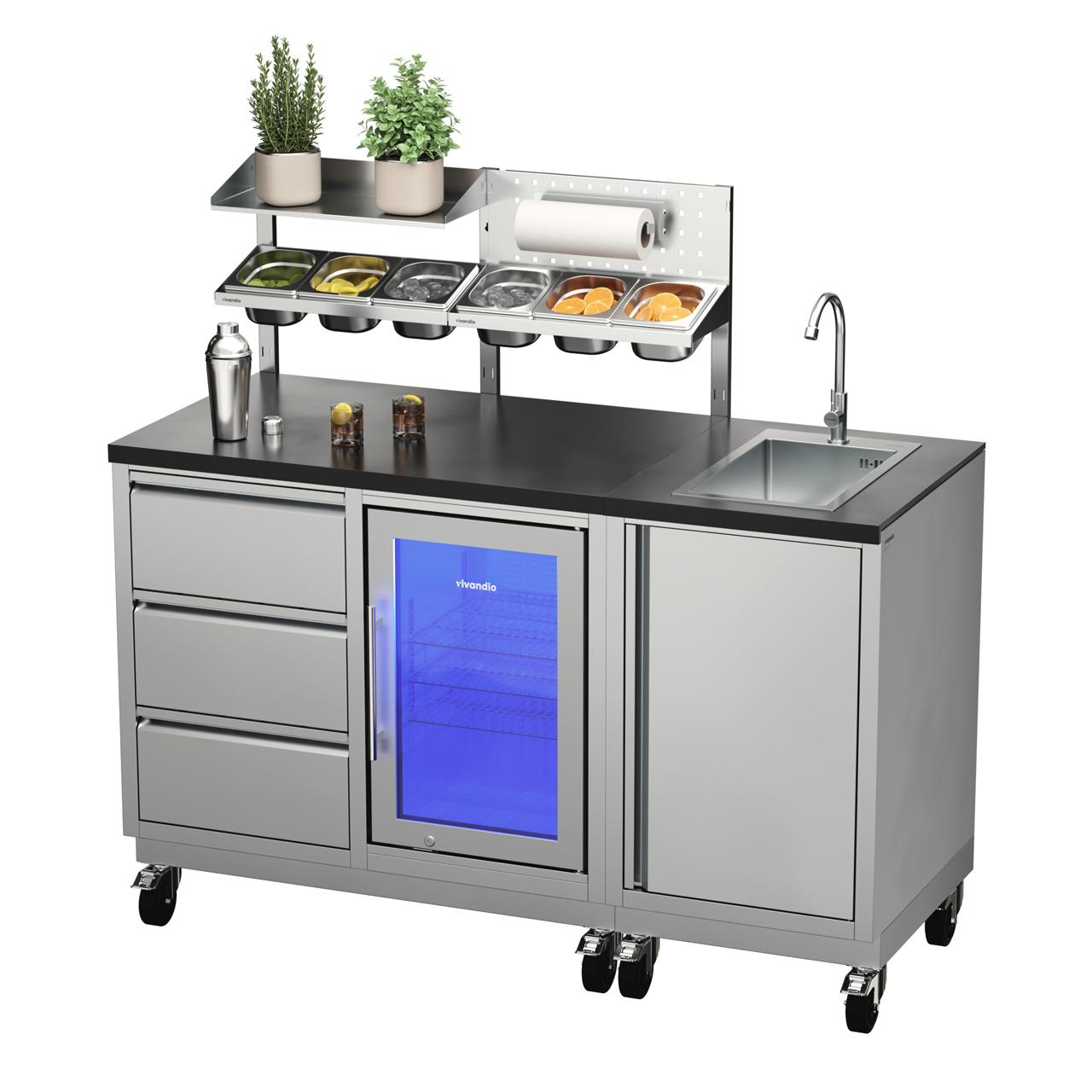 Outdoorküche vivandio quub / Outdoor Cocktailstation mit Kühlschrank und Spüle - Ausführung: silber - Mobilität: mit Lenkrollen