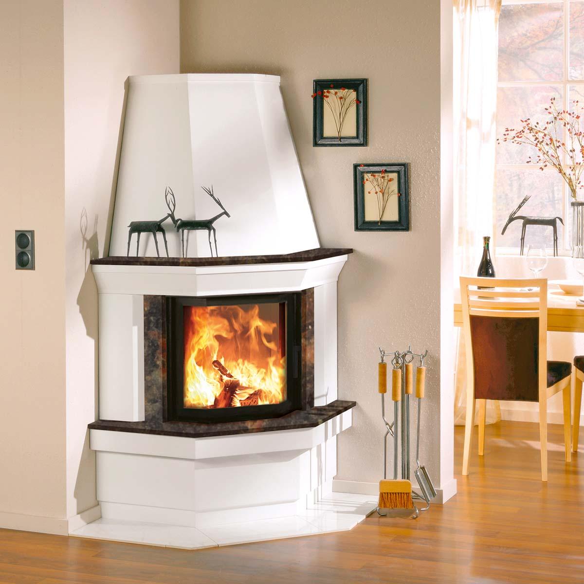 Kaminbausatz Camina S4 Eck mit 7 kW - Naturstein: Mocca creme - Türanschlag: rechts - Feuerraumauskleidung: Schamotte beige - Schürze: geneigt