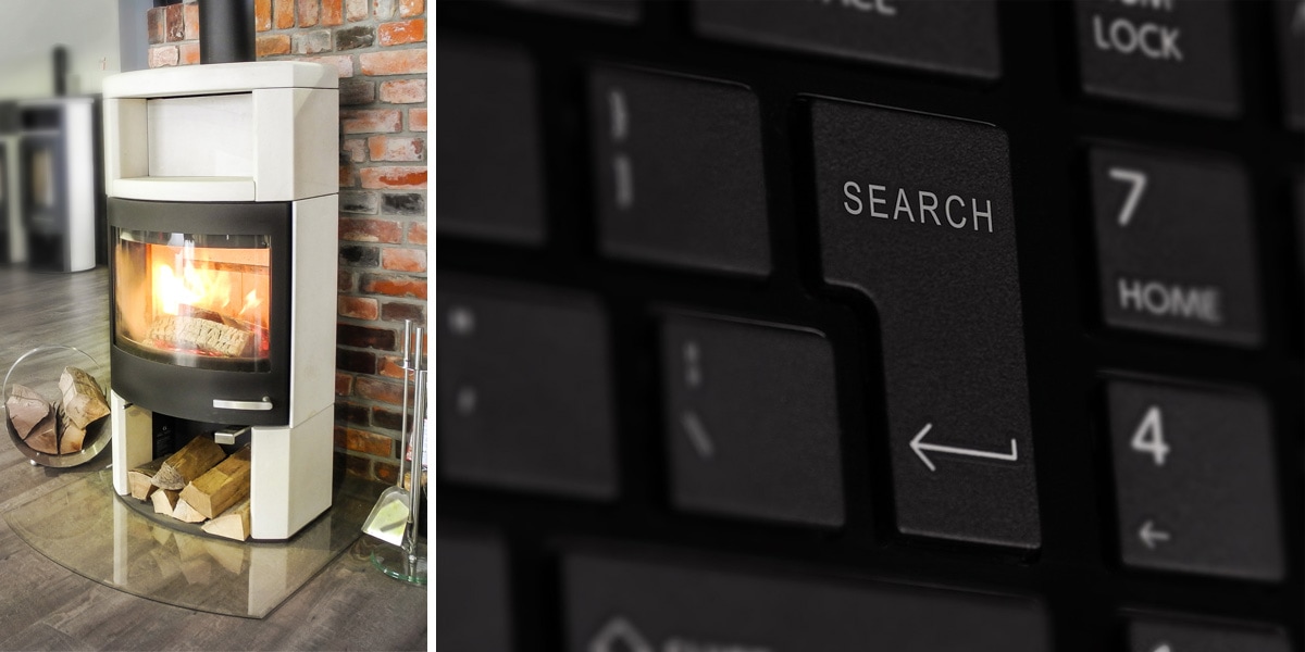 Bild eines Befeuerten Kamins und einer Tastatur mit Such-Taste