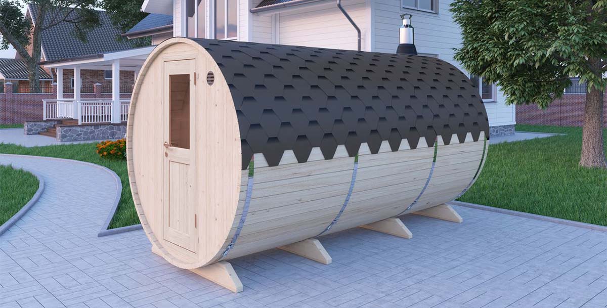 Montagebeispiel Gartensauna AA-Kaminwelt Saunafass S4P Montagebeispiel
