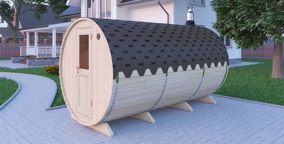 Gartensauna AA-Kaminwelt Saunafass S4P Montagebeispiel